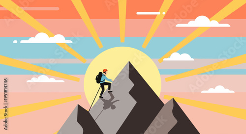 A lone hiker ascends a mountain peak under a vibrant sunset creating a striking silhouette high quality professional detailed modern elegant