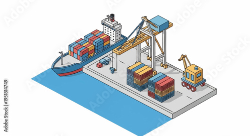 Isometric illustration of a busy shipping port with a large cargo ship being loaded by a crane and a small tugboat on the water.