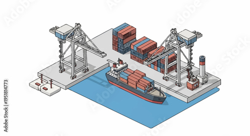 Isometric illustration of a busy container port with cranes loading and unloading cargo from a large ship.