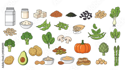 Comprehensive collection of diverse vegan and plant-based food items, including vegetables, legumes, nuts, and dairy alternatives, promoting a healthy lifestyle.