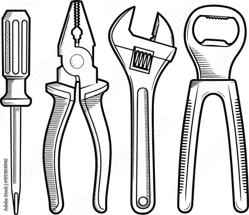 Hand tools vector set, sketch of screwdriver, pliers and wrench for home repair and maintenance