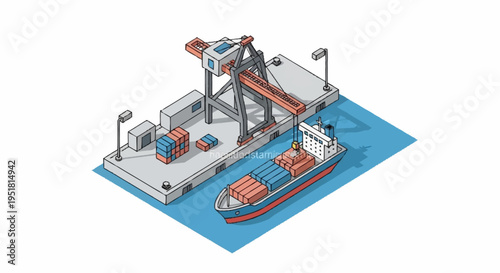 Isometric illustration of a cargo ship being loaded with containers at a modern port terminal with cranes and storage facilities.