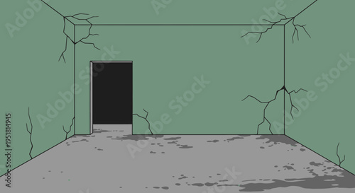 An empty room with cracked walls and a dark doorway creates a sense of isolation and mystery silhouette high quality professional