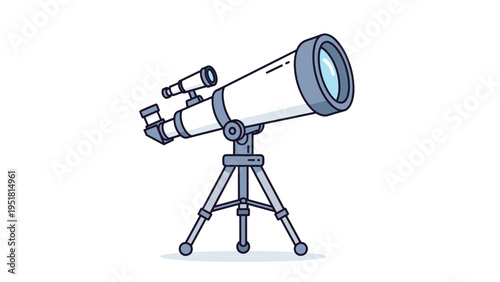 Modern flat line illustration of a white astronomical telescope on a tripod for stargazing and space exploration shown on a white background.