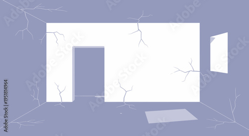 An empty minimalist room with cracked walls and a dark doorway presents a haunting stark silhouette high quality professional detailed modern