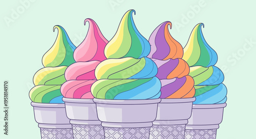 A vibrant collection of colorful soft serve ice cream cones are presented against a pastel background silhouette high quality professional detailed