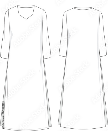 Maxi tunic dress technical sketch fashion illustration