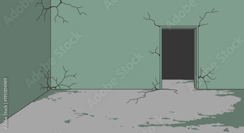 A stark empty room featuring cracked walls and a dark doorway creating a sense of mystery and isolation silhouette high quality