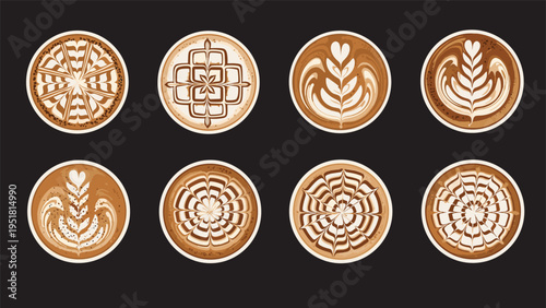 Artistic collection showcasing eight diverse and intricate latte art designs, beautifully crafted on the foamy tops of coffee cups, for cafes.