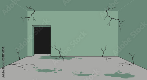 An empty cracked room with a dark doorway evoking a sense of isolation and decay presented as a silhouette high quality
