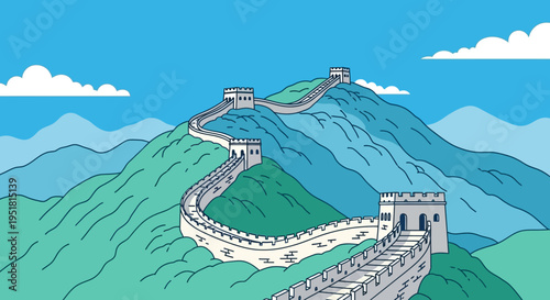A stylized illustration depicts the great wall of china winding across rolling green hills rendered as a silhouette high quality professional