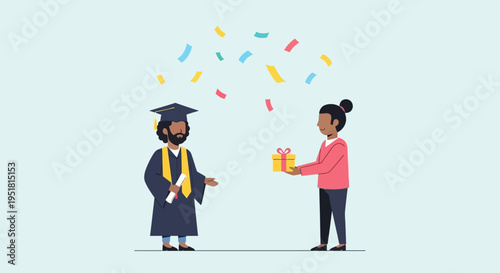 A graduating man receives a gift from a woman celebrating academic achievement with confetti illustrated in a flat style silhouette