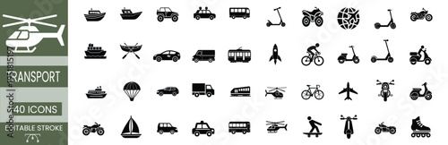 transport and vehicle silhouette icon featuring ship car truck helicopter bike scooter airplane train more vector illustration.