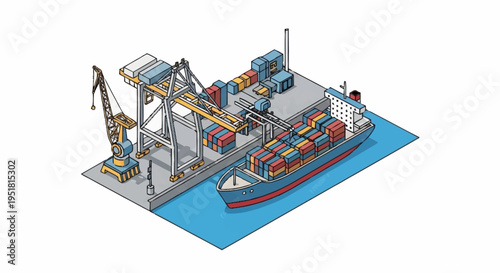 Isometric illustration of a container ship being loaded and unloaded at a busy port with cranes and cargo.