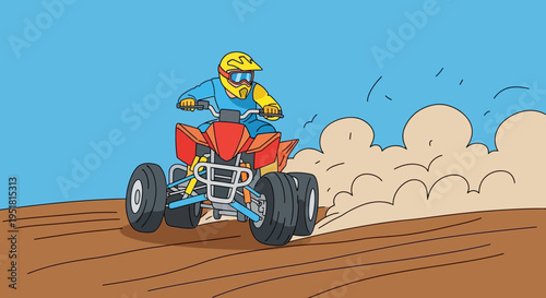 A colorful illustration depicts a rider on an atv kicking up dust showcasing a bold silhouette high quality professional detailed modern
