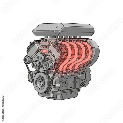 V8 Engine Diagram with Red Exhaust Manifold