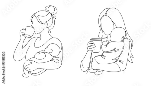 Set of 2 Minimalist Line Art Vector Illustrations of Mothers Holding Babies and Drinking Coffee, Representing Motherhood and Daily Life