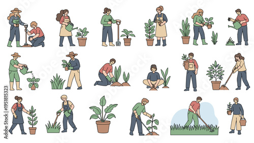 Set of people gardening and taking care of indoor and outdoor plants through watering planting and soil maintenance activities in flat style.