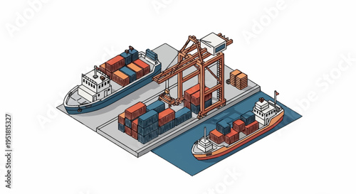 Isometric illustration of a busy shipping port with container ships, cranes, and stacked cargo containers on a dock.
