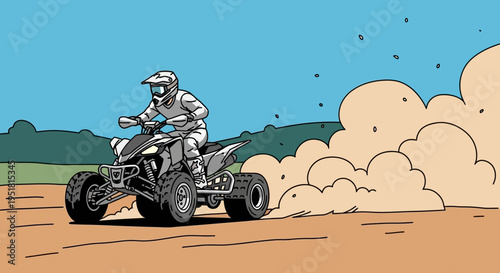 A dynamic illustration depicts a motorcyclist riding an atv through a dusty terrain showcasing a striking silhouette high quality professional detailed