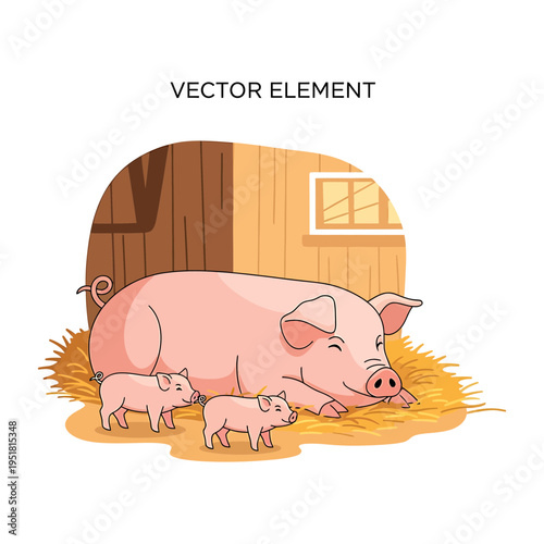 Pig with Piglets in Farm Cartoon