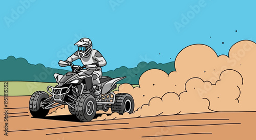 A dynamic illustration depicts a rider on an atv kicking up dust creating a striking visual silhouette high quality professional detailed