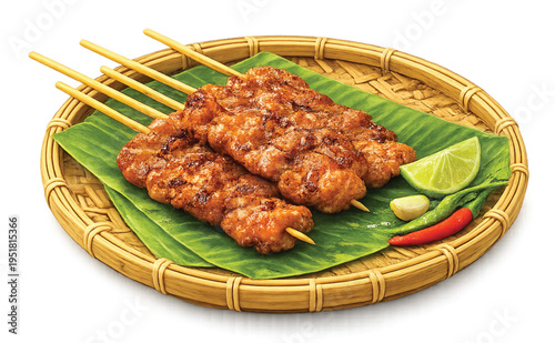 Thai Grilled Pork Skewers (Moo Ping) on Banana Leaf, Isolated on Transparent Background