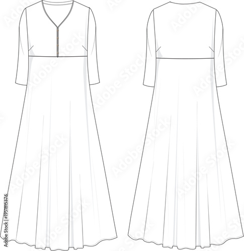 Women's button up v-neck long dress technical flat sketch