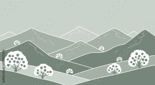 A layered landscape depiction with trees and mountains rendered in muted greens and grays creating a striking silhouette high quality professional