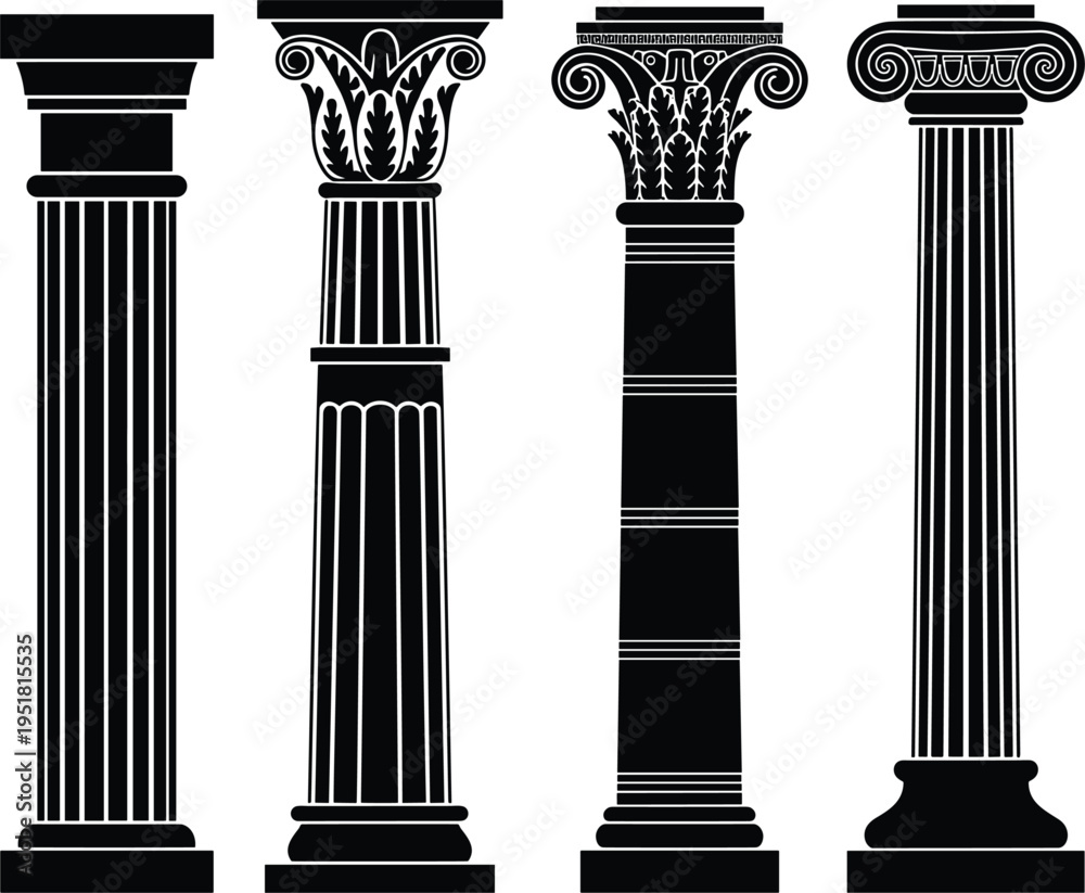 Obraz premium Ancient greek roman pillar vector set, antique column architectural elements for classic building and interior, education