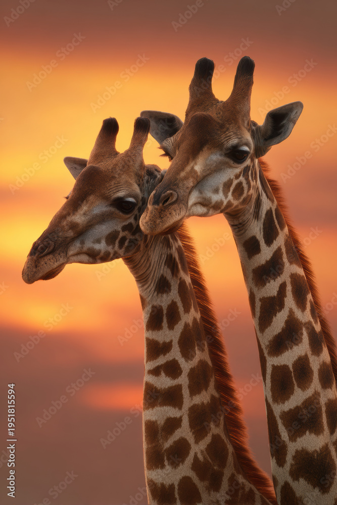 Obraz premium Romantic love theme for Valentines Day. Two giraffes standing side by side against a vibrant sunset backdrop. The sky is painted in a range of warm hues, from deep oranges to bright yellows.