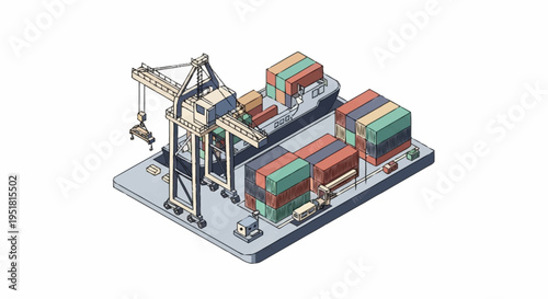 Isometric illustration of a busy container port with a large ship being loaded by a gantry crane and trucks.
