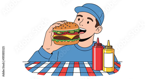A man in a blue uniform eating a burger at a table with condiments on a red white and blue checkered tablecloth.