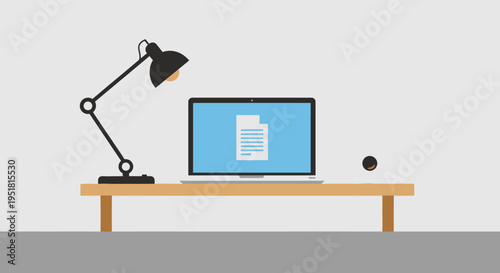 A minimalist workspace featuring a laptop lamp and coffee cup rendered in a flat graphic silhouette high quality professional detailed modern