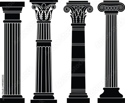 Ancient greek roman pillar vector set, antique column architectural elements for classic building and interior, education