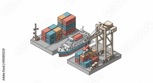 Isometric illustration of a busy shipping port with cargo containers, a ship, and a crane, depicting global trade and logistics.