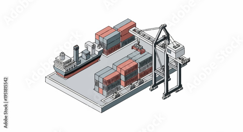 Isometric illustration of a container ship being loaded and unloaded at a port with a large gantry crane.