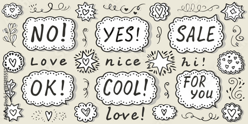 Hand drawn doodle collection featuring positive and negative affirmation labels
