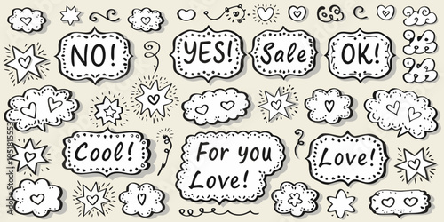 Hand drawn doodle set featuring labels hearts stars and various phrases