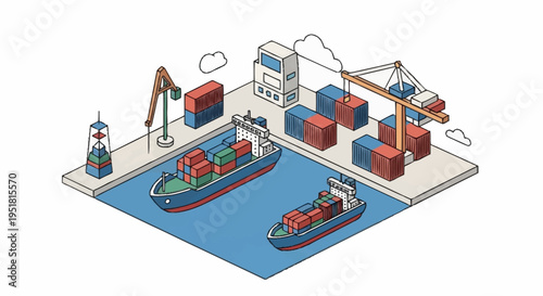 Isometric illustration of a busy shipping port with container ships, cranes, and cargo containers being loaded and unloaded.