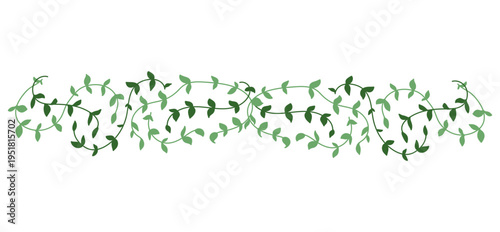 Abstract ivy leaves horizontal edge on field in flat cartoon  design. Spring seasonal bouquet border with gentle wavy stems and leaflets, delicate ornament for greeting card. Vector illustration