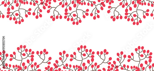 Red berry bouquet horizontal border in flat cartoon  design. Spring seasonal decoration with abstract juicy fruits with twigs, delicate ornament for banner or greeting card. Vector illustration