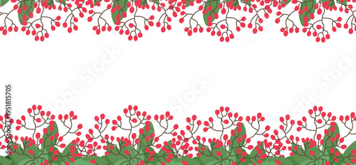 Red berry bouquet horizontal border in flat cartoon  design. Spring seasonal decoration with juicy fruits with twigs and leaves, delicate ornament for banner or greeting card. Vector illustration