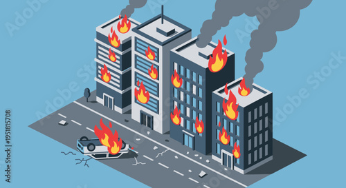 A burning cityscape depicts a disaster with flames engulfing buildings and a vehicle presented as a striking silhouette high quality professional