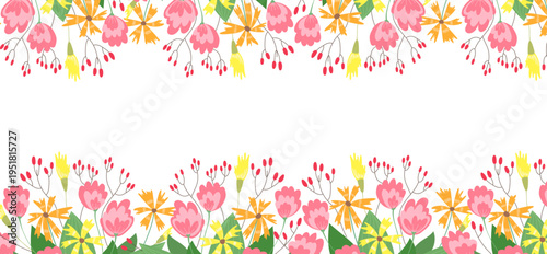 Colourful flower horizontal border in flat cartoon design. Spring and summer seasonal decoration with pink, orange, yellow blossoms, lush ornament for banner or greeting card. Vector illustration