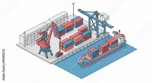 Isometric illustration of a busy shipping port with cranes loading and unloading cargo containers from a large ship docked at the pier.