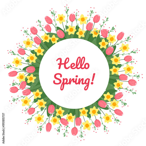 Tulips and daffodils springtime wreath in flat cartoon design. Hello Spring seasonal decoration with delicate blossoms, vintage chaplet ornament for banner or greeting card. Vector illustration