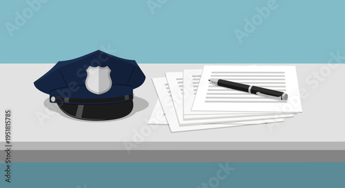 A dark blue police cap rests beside paperwork and a pen on a light surface a stark silhouette high quality professional