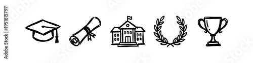 Set of hand-drawn education and graduation icons including a cap, diploma, university building, laurel wreath, and trophy. Doodle style line art isolated on a white background.