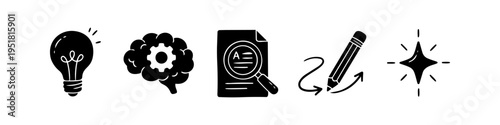 Set of black creative process icons including lightbulb, brain with gear, research document, pencil, and sparkle. Ideal for business workflow, innovation, and design thinking concepts.
